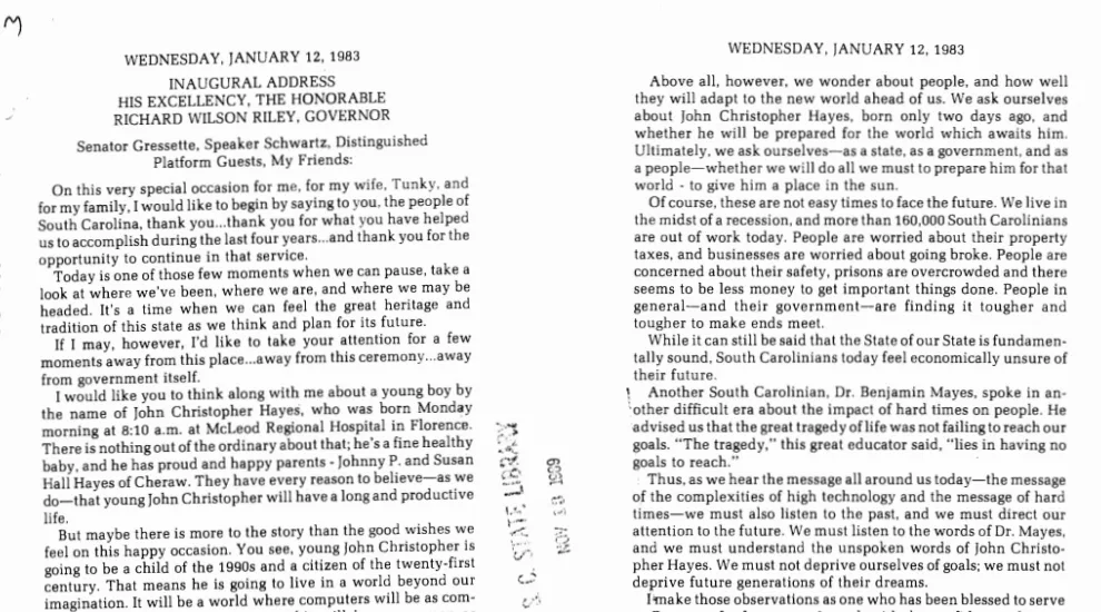 Copy of the Richard  Riley 1983 inaugural address