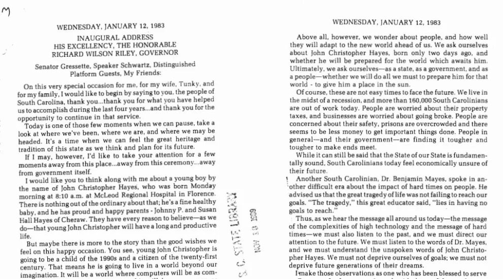 Copy of the Richard Riley 1983 inaugural address
