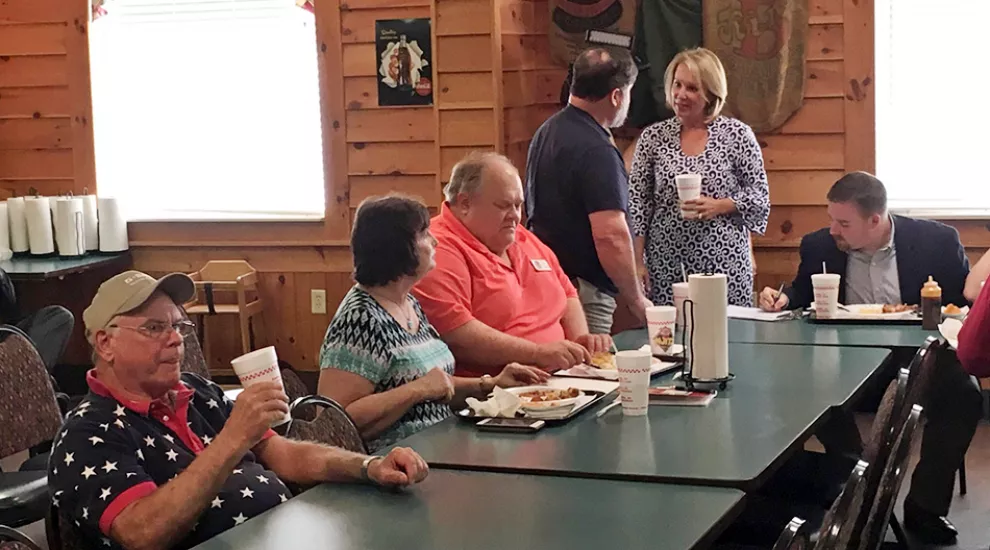 S.C. gubernatorial candidate Catherine Templeton talks with people before a town hall event on Aug. 1, 2017.