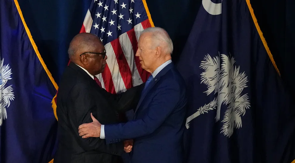 President Joe Biden greets Congressman Jim Clyburn on Jan. 27, 2024, during the South Carolina Democratic Party First in the Nation dinner in Columbia.