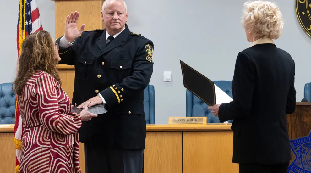 New Charleston County Sheriff Carl Ritchie takes the oath of office in North Charleston. Jan. 7, 2025.