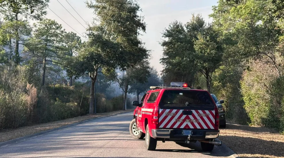 In this photo released by the Horry County Fire Rescue, smoke is seen from fires in Horry County, S.C., on Saturday, March 1, 2025. (Horry County Fire Rescue via AP)