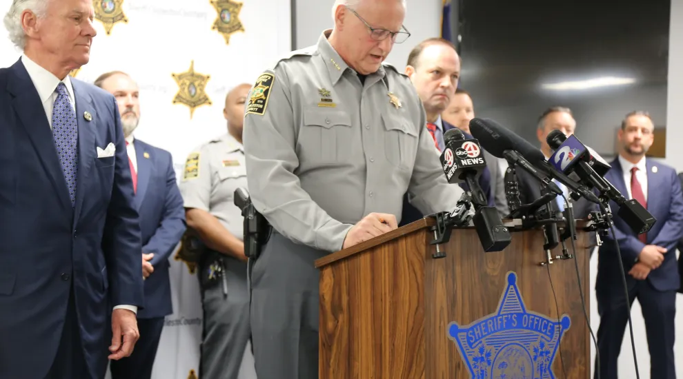Charleston County Sheriff Carl Ritchie announces dozens of arrests made in an ICE raid at a Ladson nightclub early Sunday morning involving more than a dozen agencies. June 2, 2025.