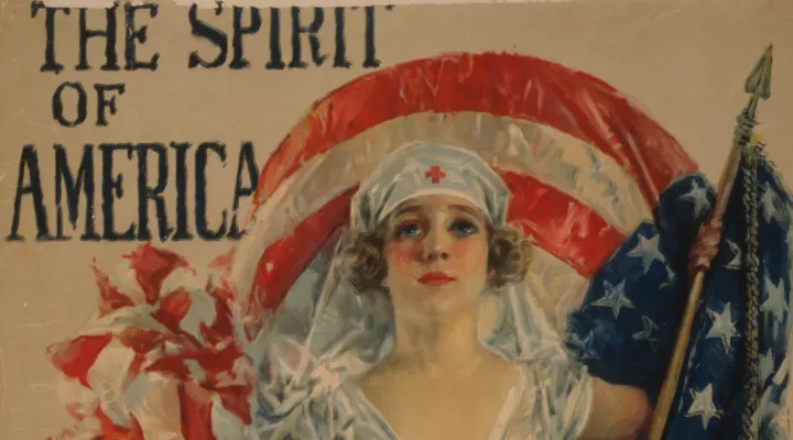 Detail from a poster showing a Red Cross nurse with an American flag and the Red Cross symbol. 