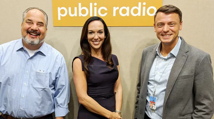 Gavin Jackson (r) with Andy Shain (l) and Meg Kinnard in the South Carolina Public Radio studios on Monday, October 15.