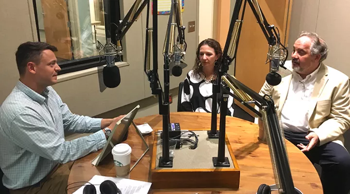 Gavin Jackson (l) speaks with Seanna Adcox and Andy Shain (r) in the SC Public Radio studios