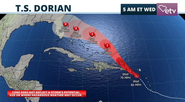 Tropical Storm Dorian Forecast Cone
