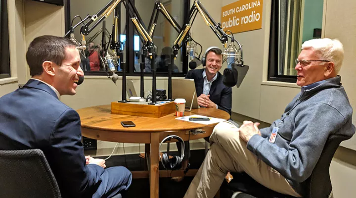 Gavin Jackson speaks with Andy Brown (l) and Russ McKinney (r) in the SC Public Radio studios on Monday, January 28, 2019.