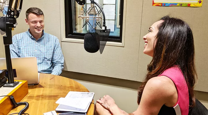 Gavin Jackson (l) speaks with Meg Kinnard in the South Carolina Public Radio studios on Friday, May 17, 2019.