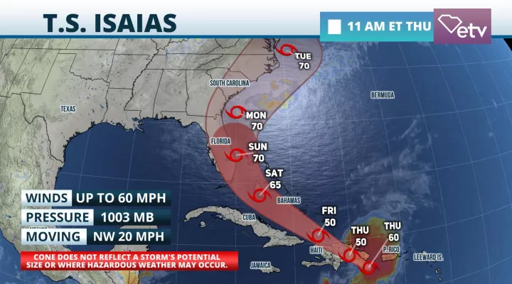 Map of Tropical Storm Isaias approaching Florida and southeastern states