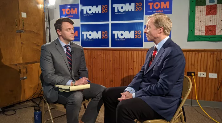 Host Gavin Jackson talks to Democratic presidential candidate Tom Steyer