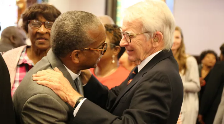 Former Charleston Mayor Joe Riley greets people following the press conference