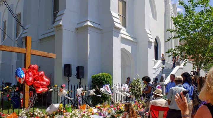 The scene outside Emanuel A.M.E. Church, Charleston, SC, on Sunday morning, July 21, 2015.