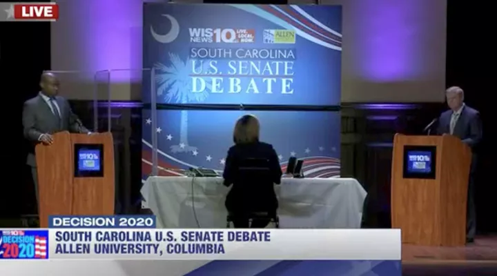 Sen. Lindsey Graham (r) and challenger Jaime Harrison (l) debate at Allen University on October 5, 2020.