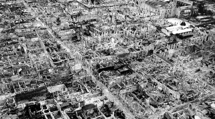 Destruction at the Walled City (Intramuros district) of old Manila in May 1945, after the Battle of Manila.