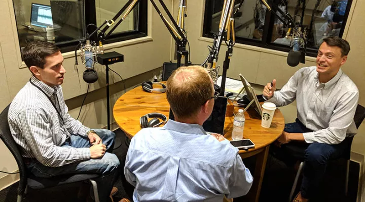 Gavin Jackson (r) speaks with Andy Brown (l) and Jamie Lovegrove in the SC Public Radio studios on Monday, May 14, 2018