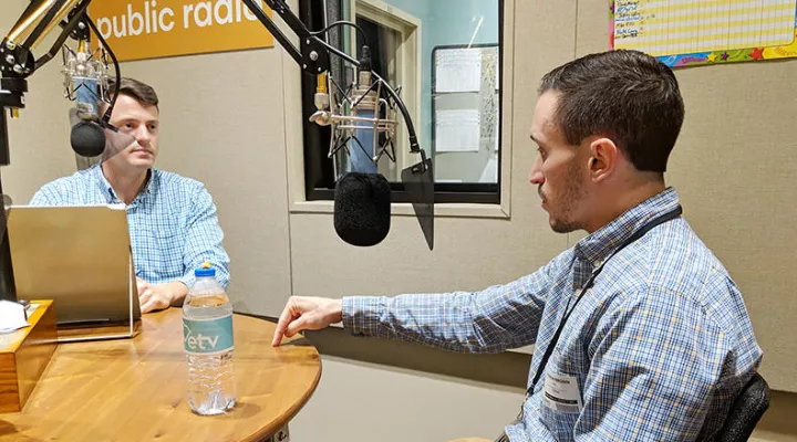 Gavin Jackson speaks with Andy Brown (r) in the South Carolina Public Radio studios on Monday, March 11, 2019.