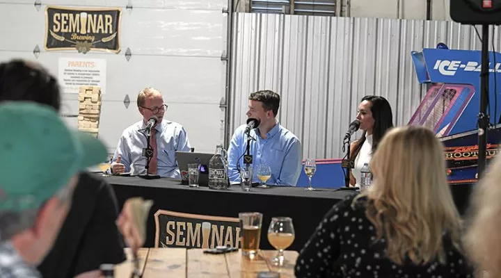 Gavin Jackson with Jamie Lovegrove (l) and Meg Kinnard (r) at Seminar Brewing in Florence, SC, on March 28, 2019.