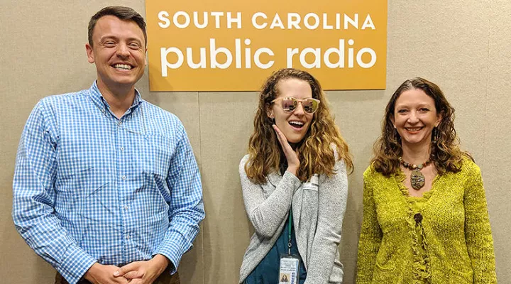 Gavin Jackson (l) with Maayan Schechter and Seanna Adcox (r) in the South Carolina Public Radio studios