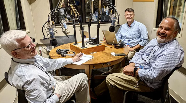Gavin Jackson with Russ McKinney (l) and Andy Shain (r) in the South Carolina Public Radio studios on Monday, July 22, 2019.