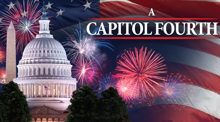 image of capitol building with Lincoln memorial, fireworks and American flag in background. Text reads a capitol fourth