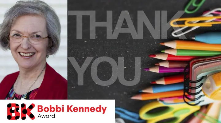 image of bobbi kennedy with school supplies and the words "Thank You" with the bobbi kennedy award logo at bottom