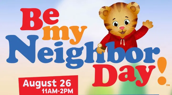 be my neighbor text with image of daniel tiger and event information