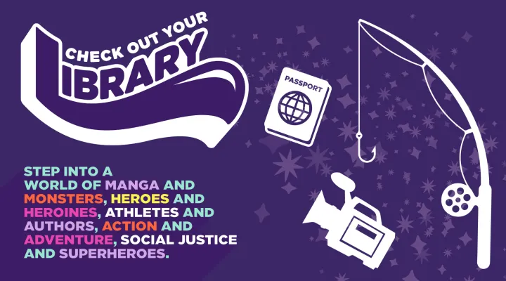graphic showing the words 'Check out your library' plus words and images depicting many resources commonly found in SC libraries