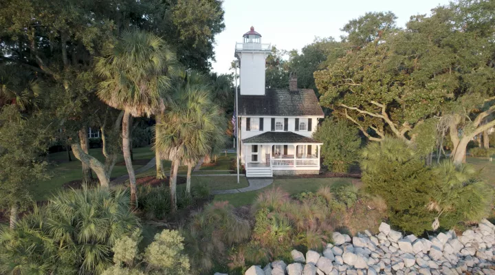Aerial drone view of the Haig Point Lighthouse on Daufuskie Island.