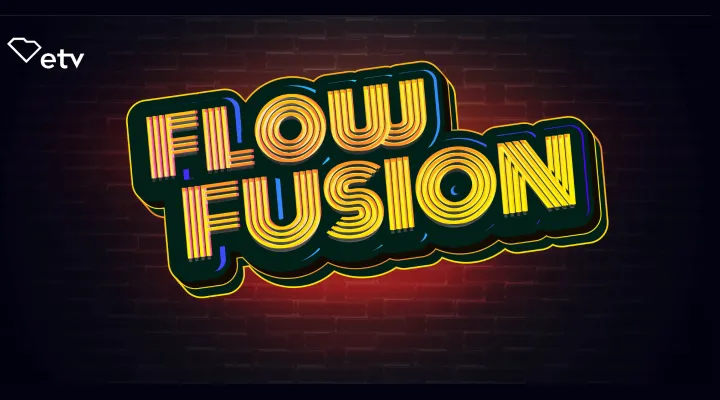 old school yellow letters that read flow fusion with red brick background fading to black