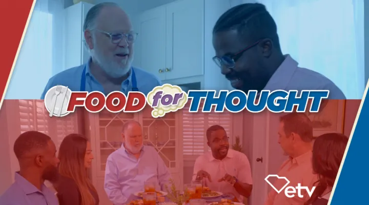 image of South Carolina House of Representatives members JA Moore (D-Charleston) and Chairman Jeff Bradley (R-Beaufort) with show title Food for Thought in foreground