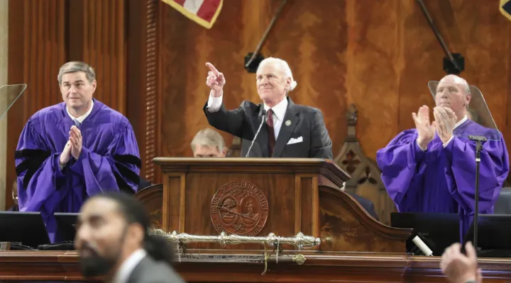 South Carolina Gov. Henry McMaster, center, gives his State of the State speech Wednesday, Jan. 29, 2025, in Columbia, S.C. (AP Photo/Jeffrey Collins)