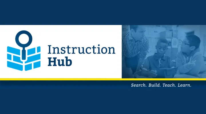 graphic showing words 'Instruction Hub' with smaller words 'Search.Build.Teach.Learn.'