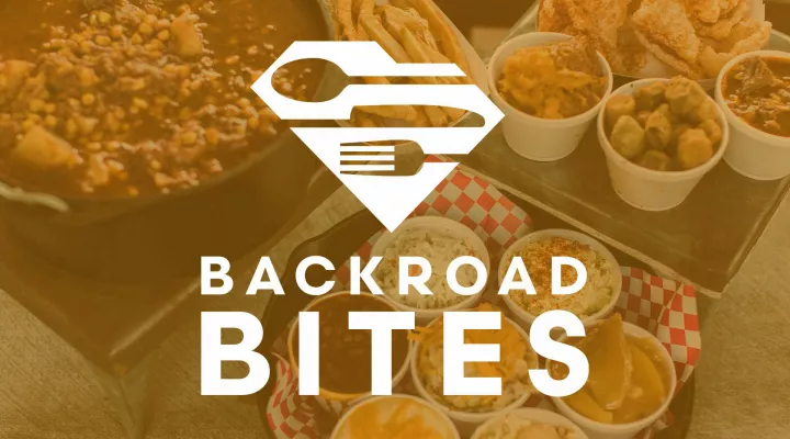 Backroad Bites Logo shown with plate of barbecue and sides.