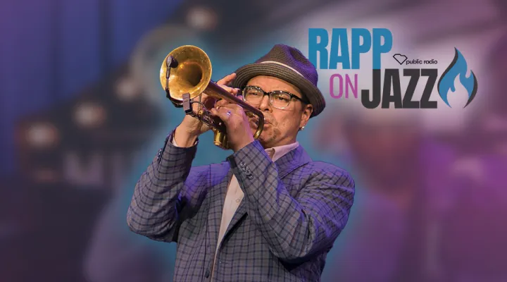 image of mark rapp playing the trumpet with the rapp on jazz logo in the top right corner