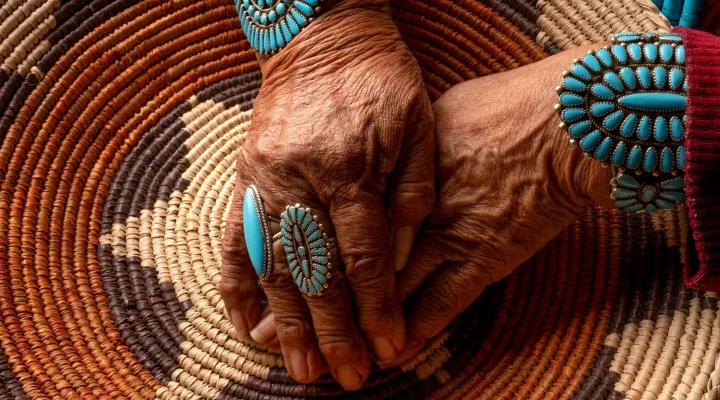An older Native American''s woman hands on a colorful woven basket
