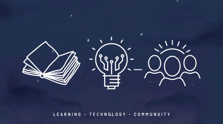 graphic showing the words 'Learning', 'Technology', and 'Community' and a graphic design for each