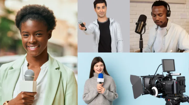 collage of 4 photos of various students holding a microphone