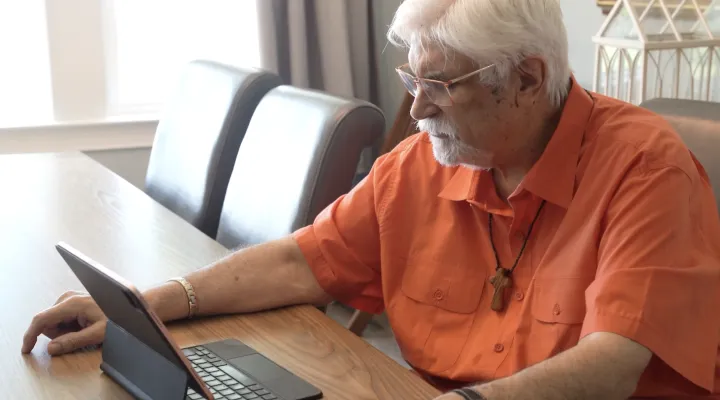 Dr. Richard P. Foster has a telehealth visit with his palliative care doctor, Dr. Amanda Overstreet, at his home on Wadmalaw Island. 