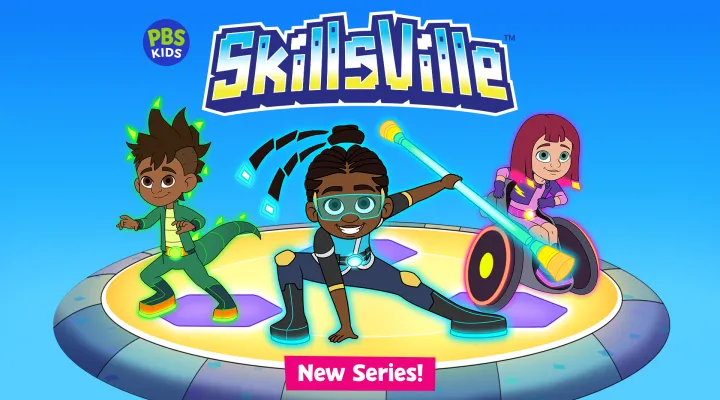 graphic showing 3 children and the words "New Series Skillsville" and the PBS KIDS logo