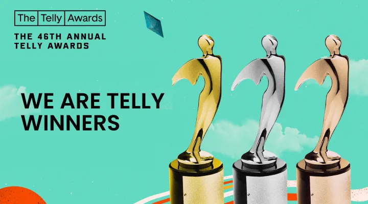 telly award logo with "we are telly winners" with telly award trophies