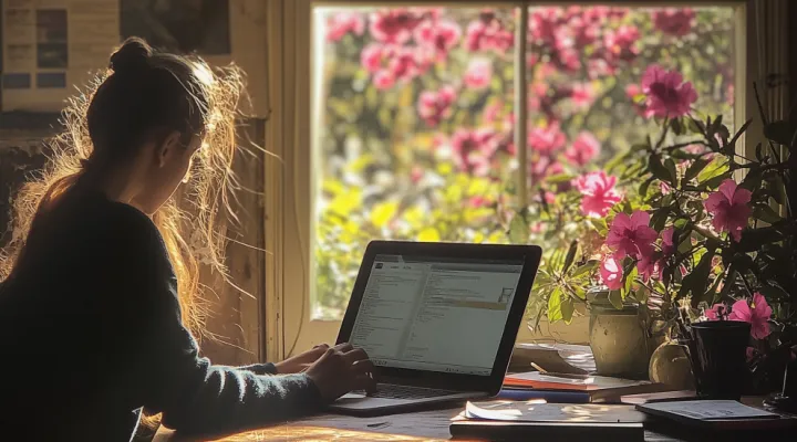 photo of woman looking at laptop screen in front of a window