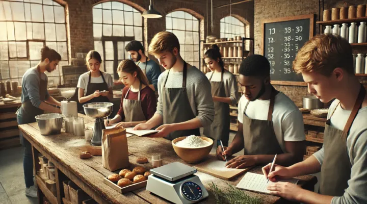 photo of several teen students with notepads and pen at a long baking table with supplies and measuring units