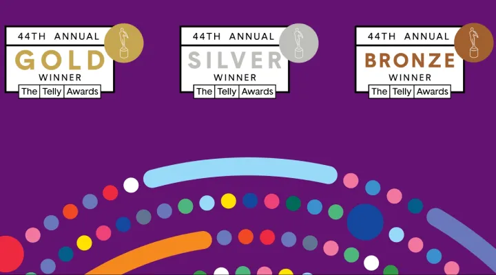 gold, silver and bronze telly award icons with multicolor flourish