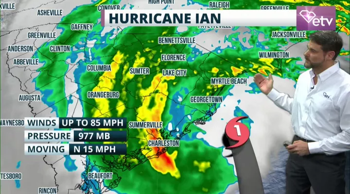 Weather map with radar image of Hurricane Ian.