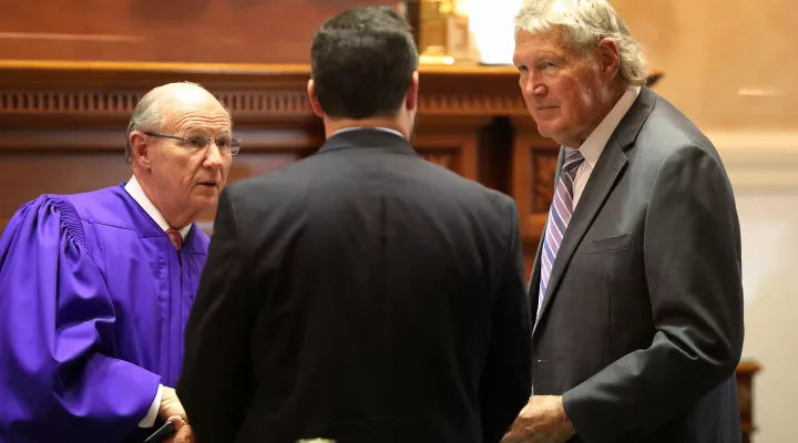 South Carolina Senate President Thomas Alexander, R-Walhalla, left, and Senate Finance Committee Chairman Harvey Peeler, R-Gaffney, right, talk before the final Senate day of the 2022 regular session on Thursday, May 12, 2022, in Columbia, S.C. (AP Photo/Jeffrey Collins)