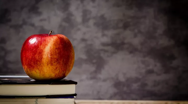 Books and an apple in front of a chalkboard 