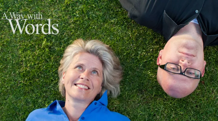 a way with words hosts laying in grass with show title in left upper corner.