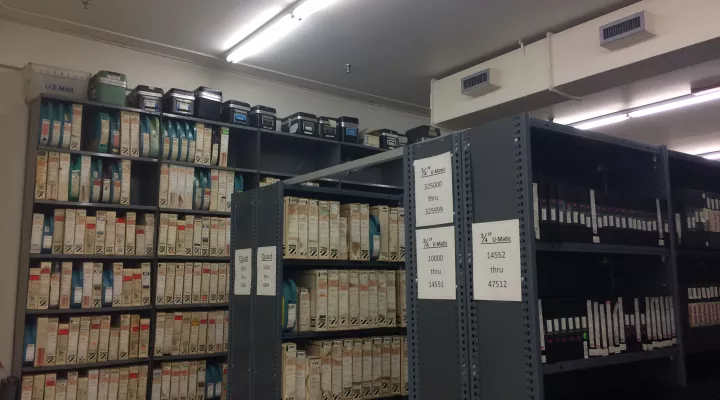 Rows of archived content in the tape vaults. 