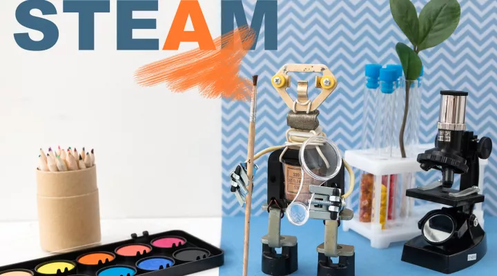 image of art supplies, a microscope and other tech-related items, and the word "STEAM"